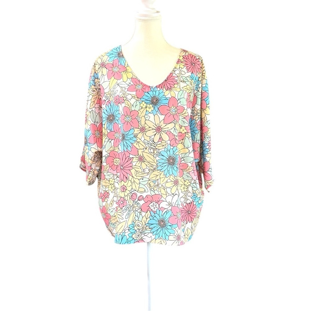 Colorful Floral Print Blouse - Size XL
